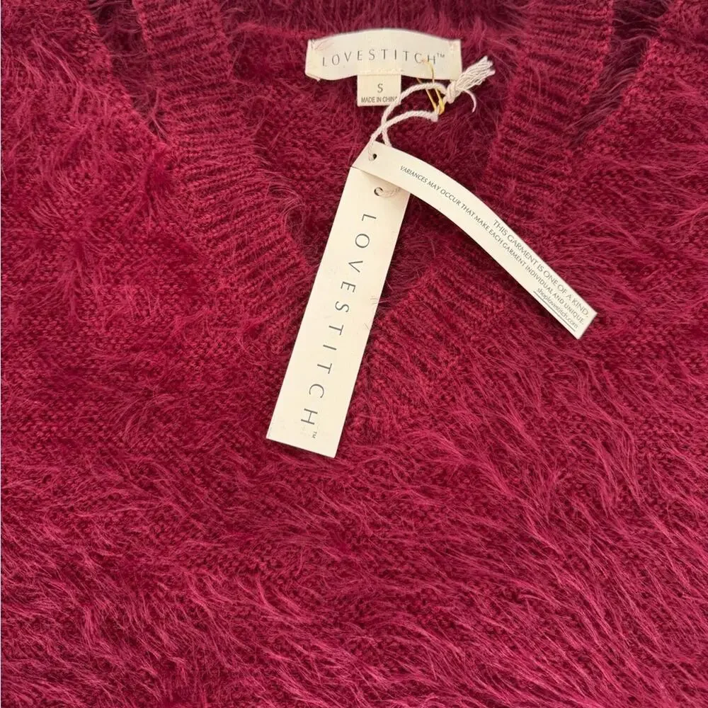 New Lovestitch V-Neck Soft Cozy Pinkish Red Sweater S Oversize Cut Out NWT